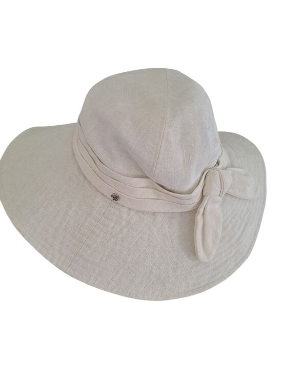 Flora Bella Accessories - Flora Bella Womens Ivory Wide-Brim Hat Metal Detail Linen Blend Adjustable